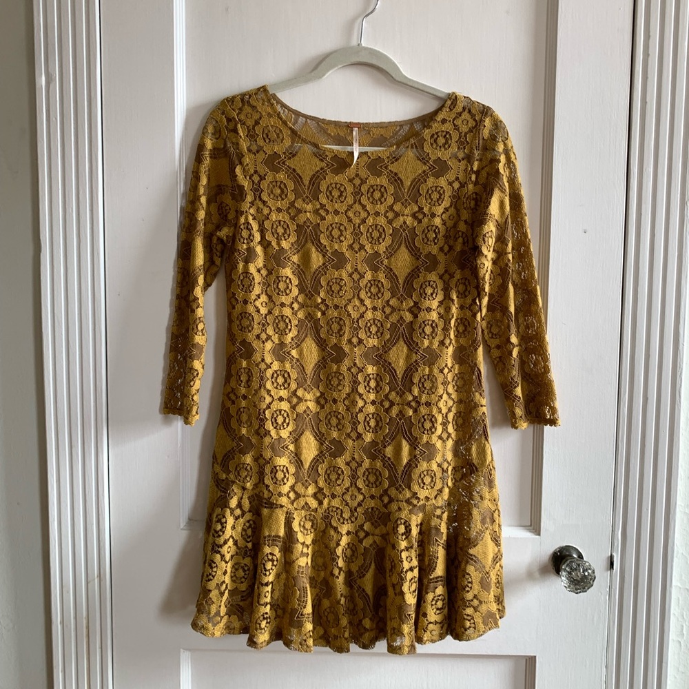 Free People Mustard Lace Mini Dress
